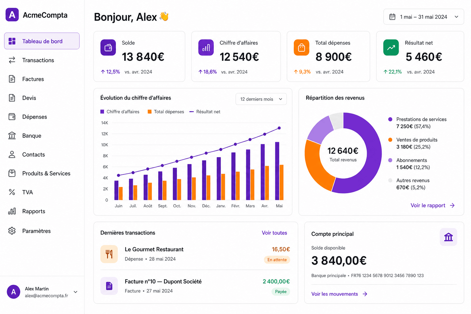 Interface comptable EM Partners — tableau de bord, facturation et notes de frais